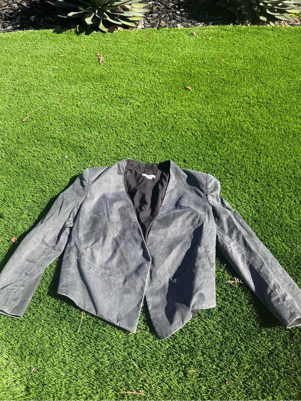 Women’s Helmut Lang charcoal Gray distressed asymmetrical Cropped Blazer Jacket